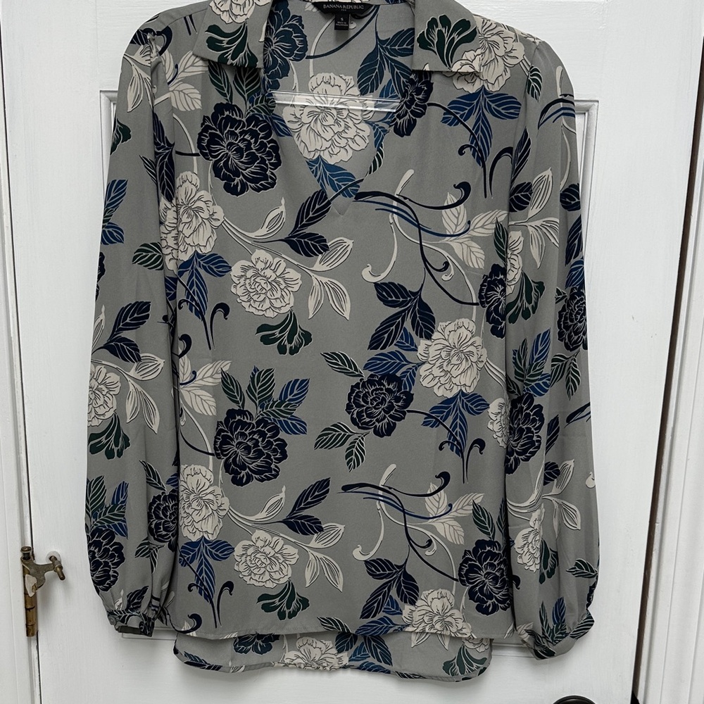 Banana Republic Elegant Gray and Navy Floral Blouse